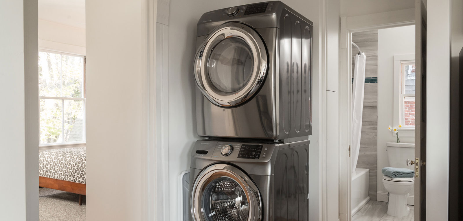 2BR Apartment Washing Machine, Bathroom, and Bedroom | ADMIRAL SIMS B&B, Newport Rhode Island