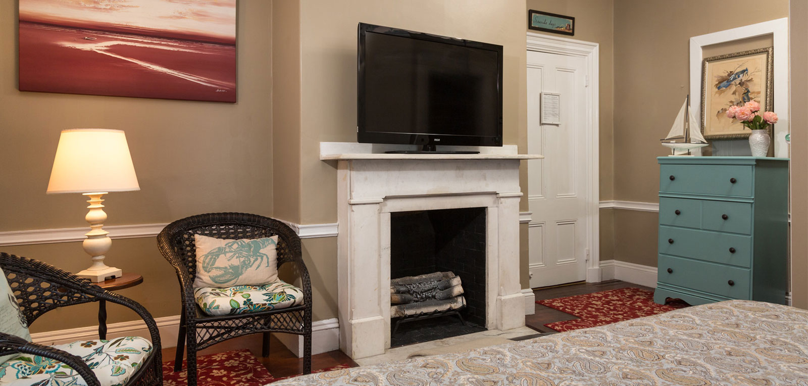 King Private Bath TV, Fireplace and Paintings | ADMIRAL SIMS B&B, Newport Rhode Island